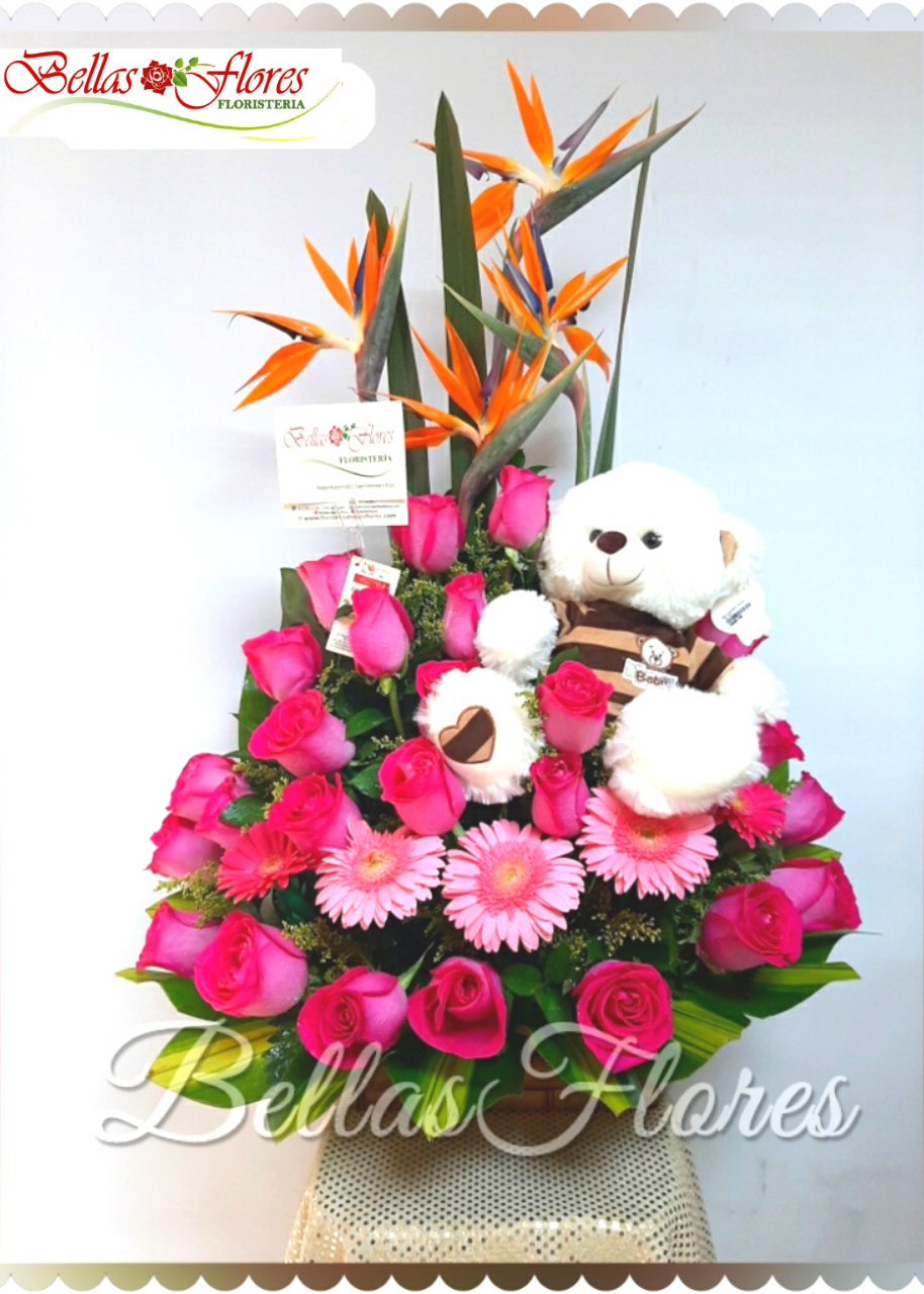 Arreglo floral rosas y gerberas para bebé - Bellas Flores